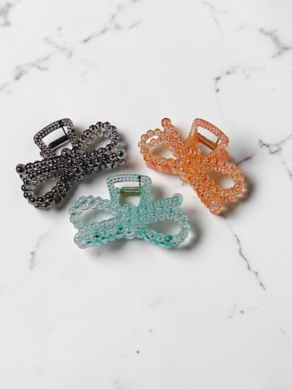 Set of 3 Colorful Bubbled Transparent Bow Hair Claw Clips Turquoise Orange Black